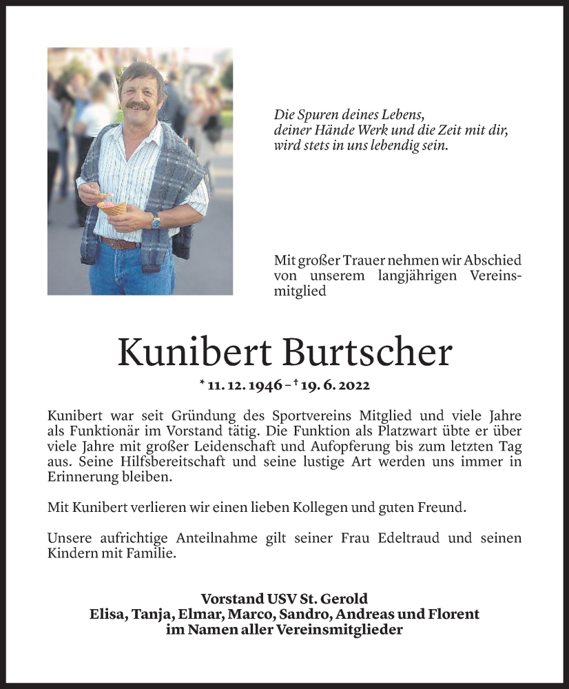  Todesanzeige für Kunibert Burtscher vom 22.06.2022 aus Vorarlberger Nachrichten