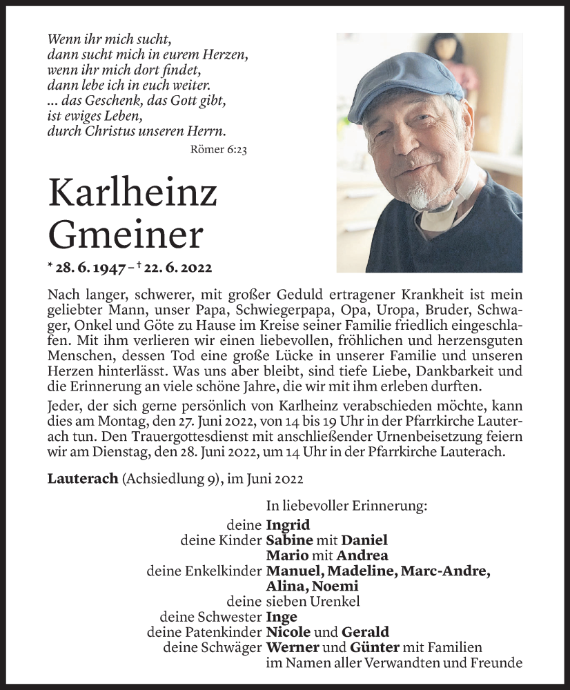  Todesanzeige für Karlheinz Gmeiner vom 24.06.2022 aus Vorarlberger Nachrichten