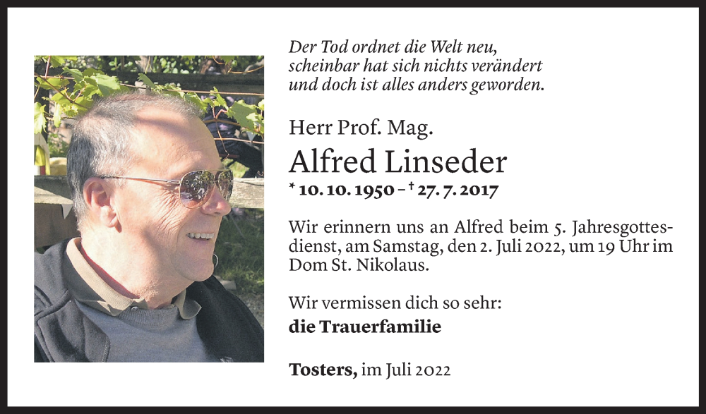  Todesanzeige für Alfred Linseder vom 24.06.2022 aus Vorarlberger Nachrichten