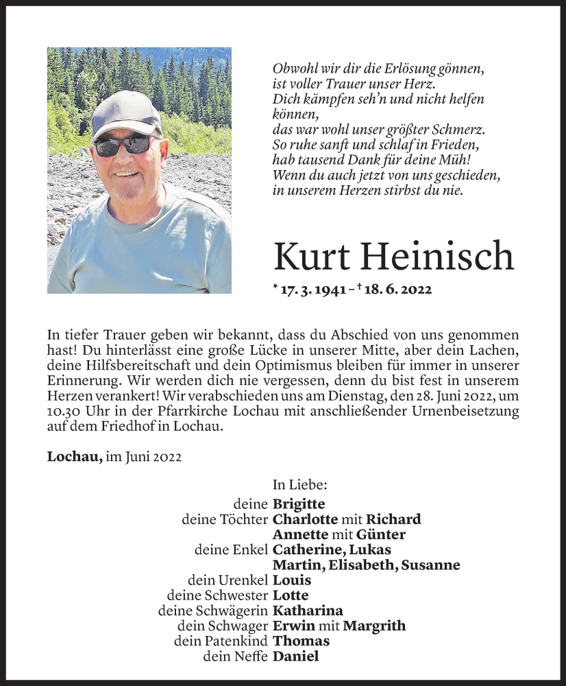  Todesanzeige für Kurt Heinisch vom 24.06.2022 aus Vorarlberger Nachrichten