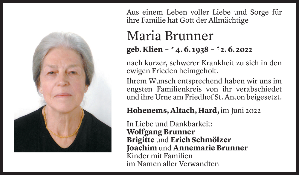  Todesanzeige für Maria Brunner vom 10.06.2022 aus Vorarlberger Nachrichten