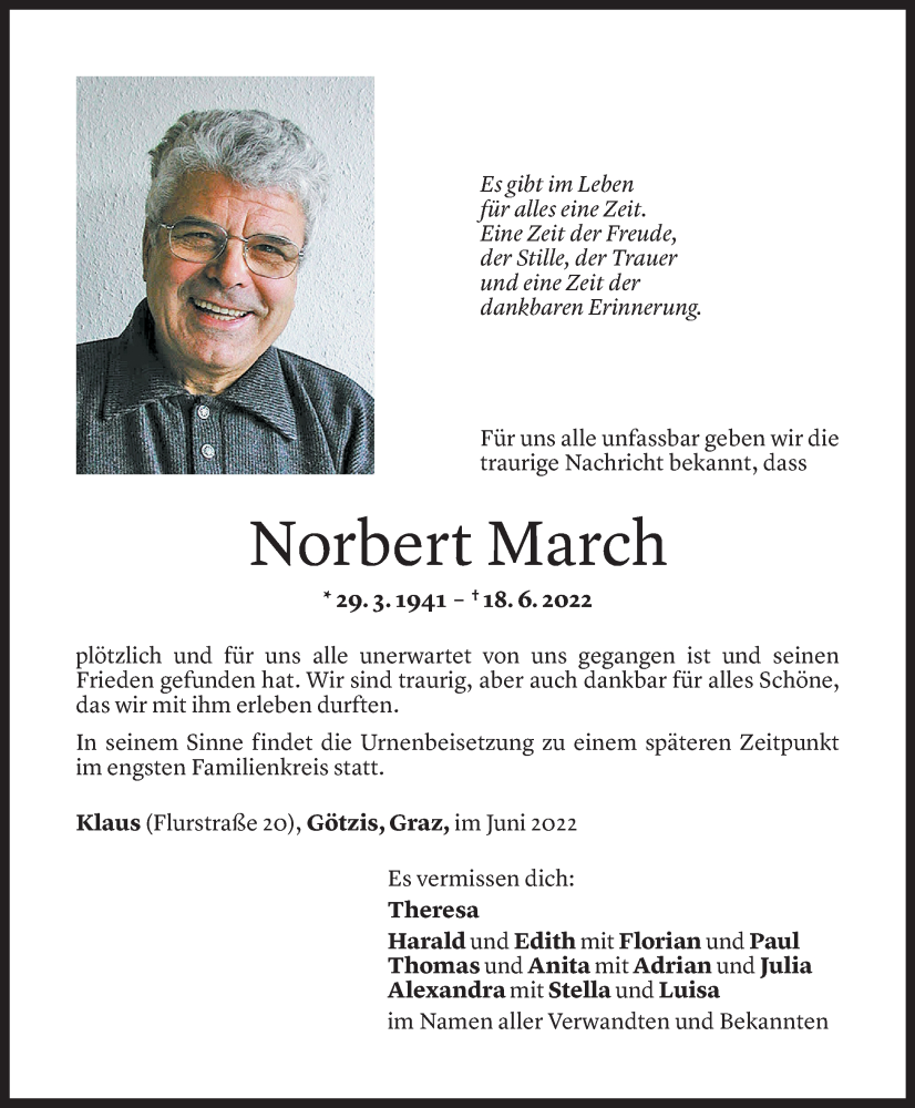  Todesanzeige für Norbert March vom 22.06.2022 aus Vorarlberger Nachrichten