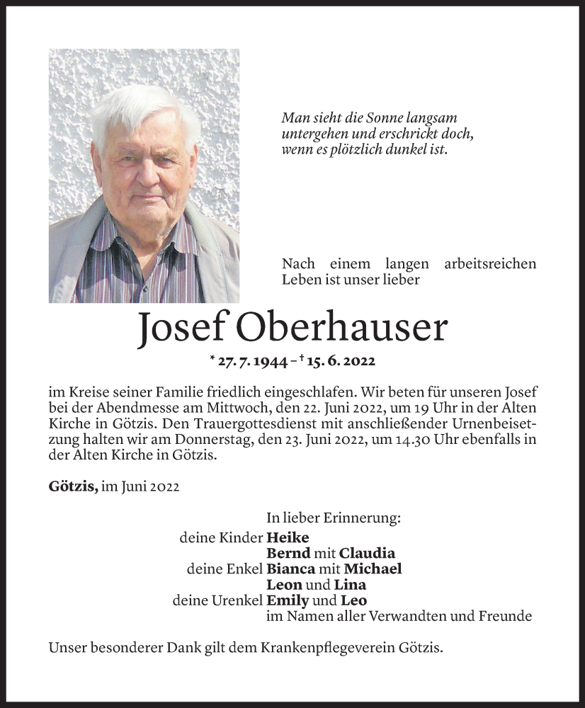  Todesanzeige für Josef Oberhauser vom 21.06.2022 aus Vorarlberger Nachrichten