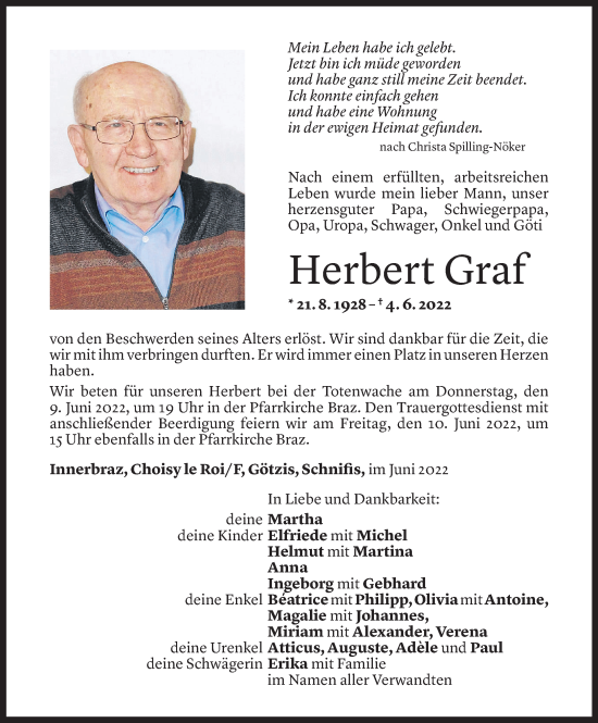 Todesanzeige von Herbert Graf von Vorarlberger Nachrichten