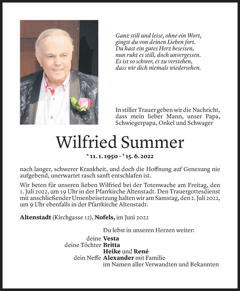  Todesanzeige für Wilfried Summer vom 29.06.2022 aus Vorarlberger Nachrichten