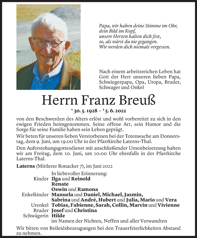  Todesanzeige für Franz Breuß vom 08.06.2022 aus Vorarlberger Nachrichten