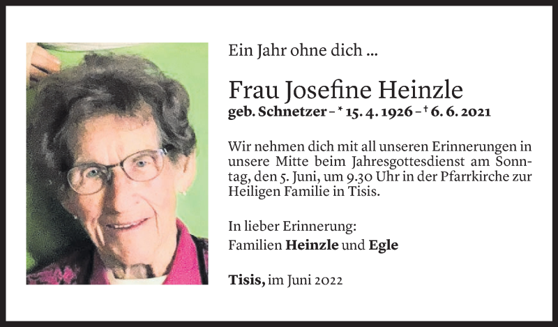  Todesanzeige für Josfine Heinzle vom 04.06.2022 aus Vorarlberger Nachrichten