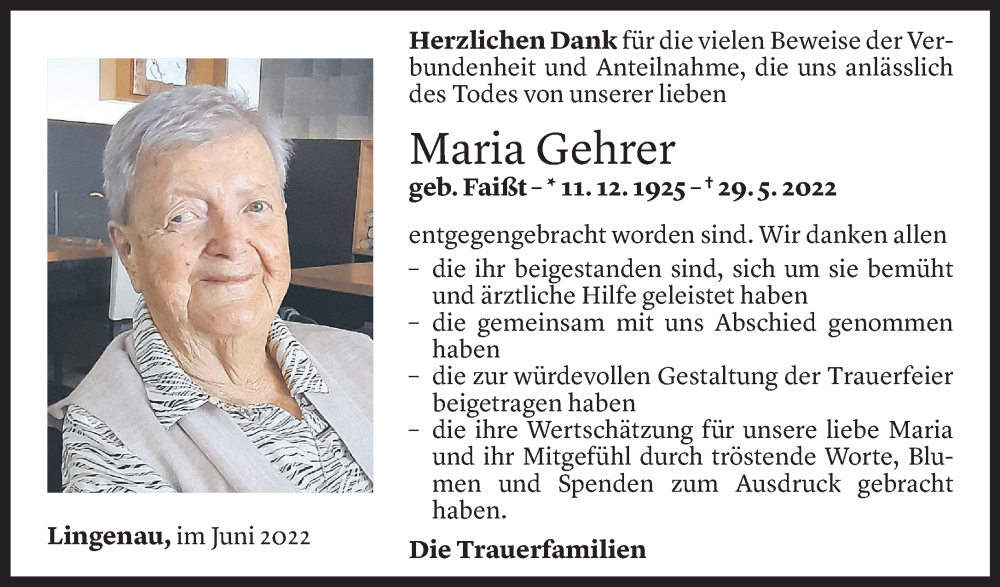  Todesanzeige für Maria Gehrer vom 21.06.2022 aus Vorarlberger Nachrichten