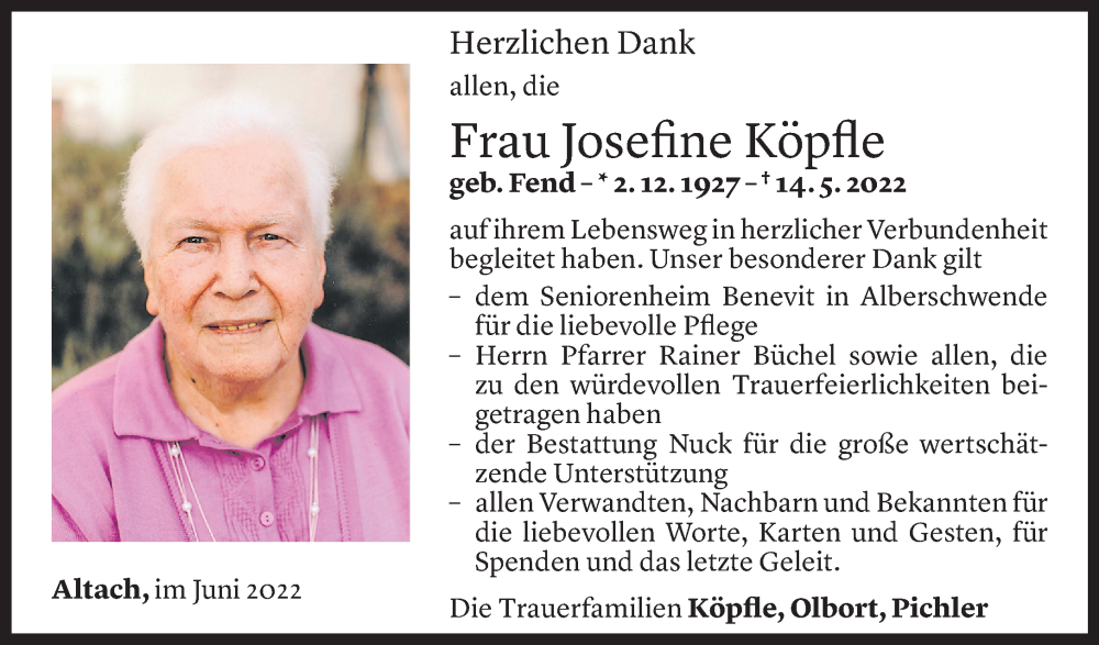  Todesanzeige für Josefine Köpfle vom 02.06.2022 aus Vorarlberger Nachrichten