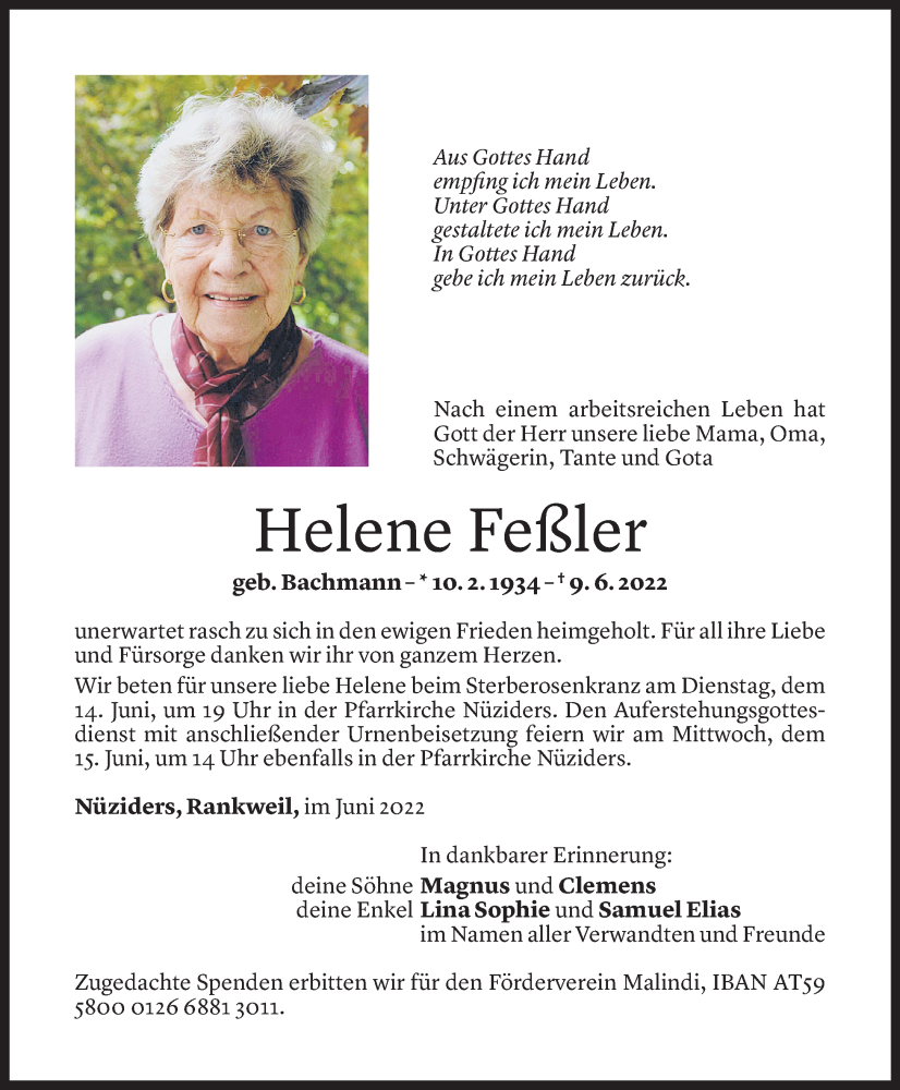  Todesanzeige für Helene Feßler vom 11.06.2022 aus Vorarlberger Nachrichten