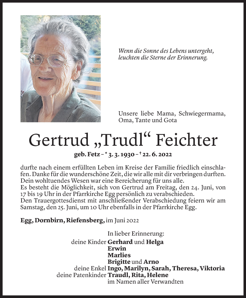  Todesanzeige für Gertrud Feichter vom 22.06.2022 aus Vorarlberger Nachrichten