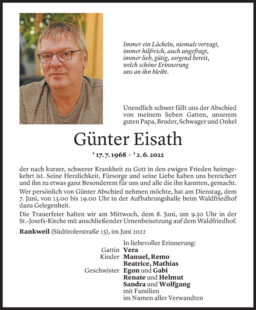  Todesanzeige für Günter Eisath vom 04.06.2022 aus Vorarlberger Nachrichten