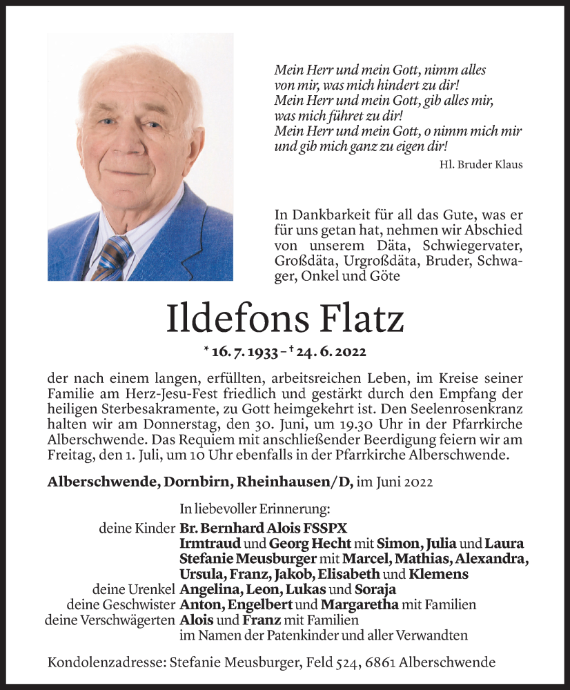  Todesanzeige für Ildefons Flatz vom 29.06.2022 aus Vorarlberger Nachrichten