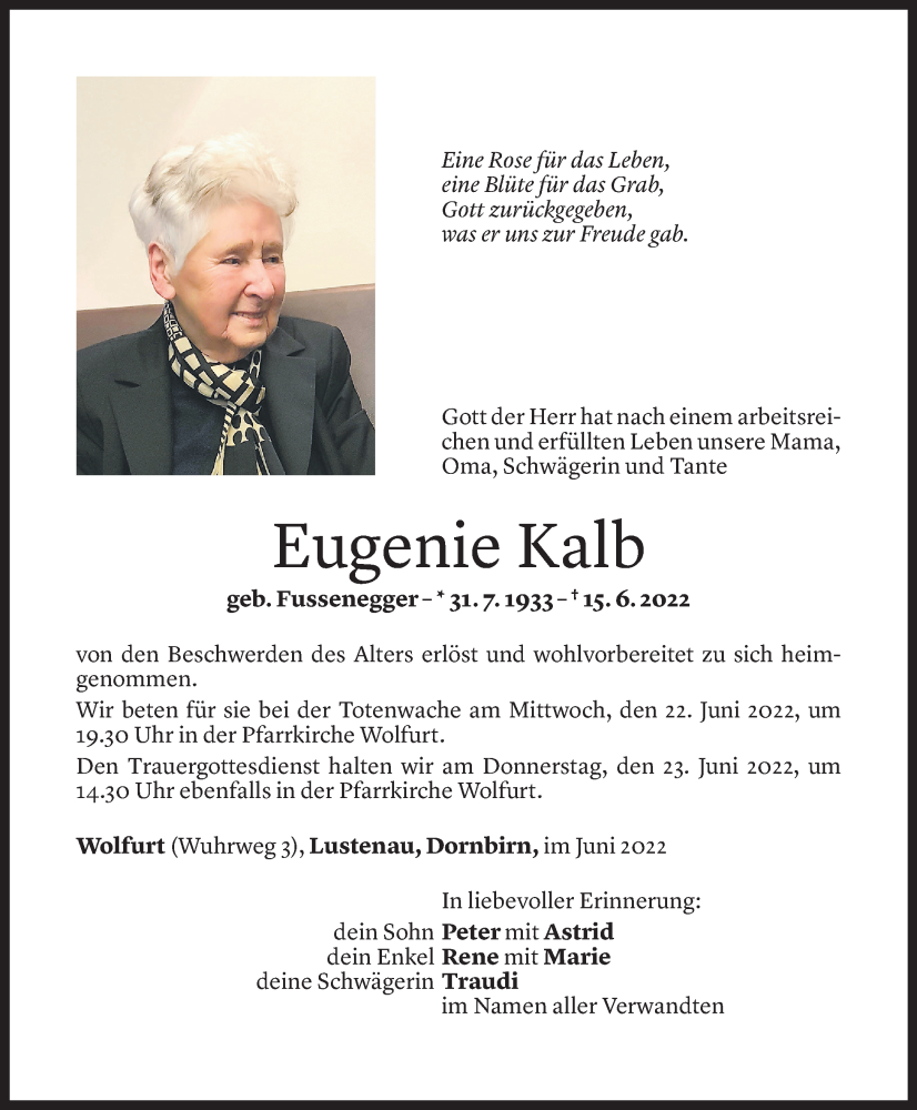  Todesanzeige für Eugenie Kalb vom 17.06.2022 aus Vorarlberger Nachrichten