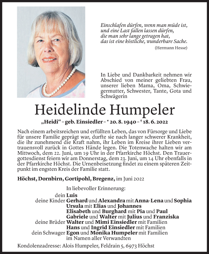 Todesanzeige für Heidelinde Humpeler vom 21.06.2022 aus Vorarlberger Nachrichten