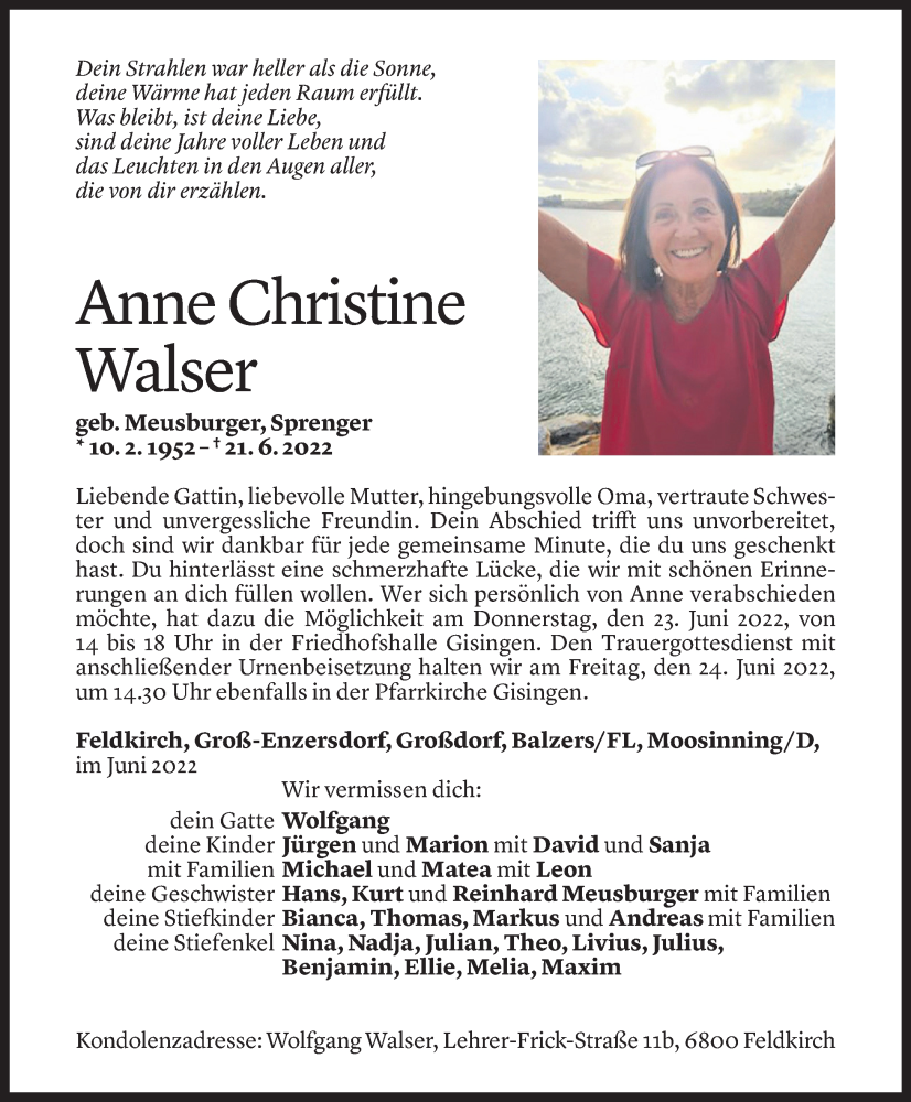 Todesanzeige für Anne Christine Walser vom 23.06.2022 aus Vorarlberger Nachrichten