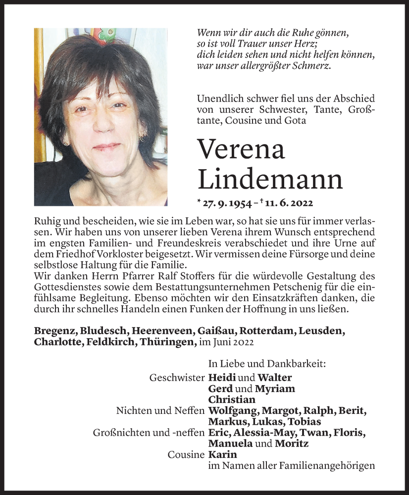  Todesanzeige für Verena Lindemann vom 25.06.2022 aus Vorarlberger Nachrichten