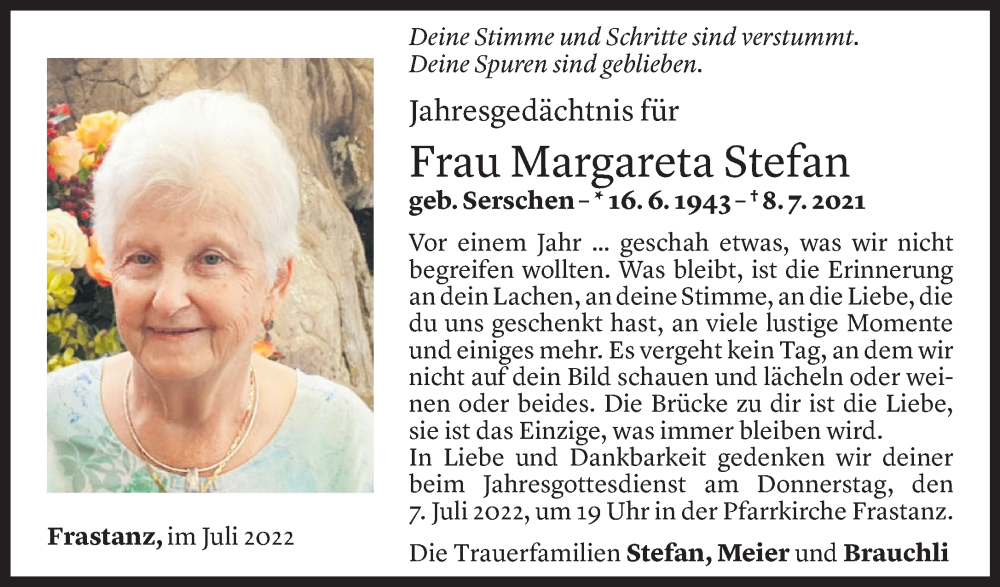  Todesanzeige für Margareta Stefan vom 05.07.2022 aus Vorarlberger Nachrichten