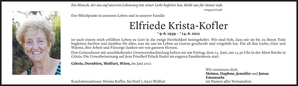  Todesanzeige für Elfriede Krista-Kofler vom 22.06.2022 aus Vorarlberger Nachrichten