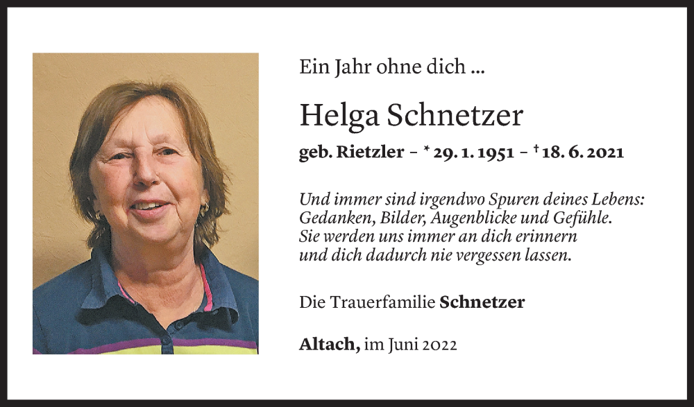  Todesanzeige für Helga Schnetzer vom 18.06.2022 aus Vorarlberger Nachrichten