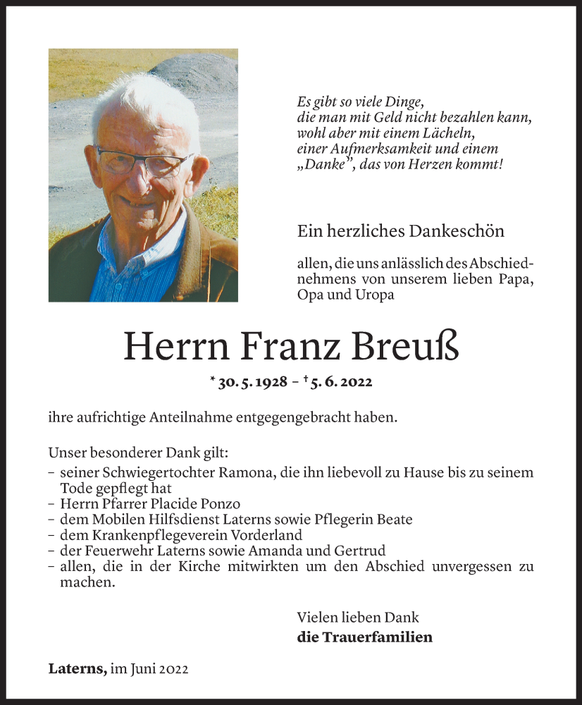  Todesanzeige für Franz Breuß vom 23.06.2022 aus Vorarlberger Nachrichten