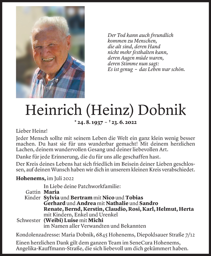  Todesanzeige für Heinrich Dobnik vom 01.07.2022 aus Vorarlberger Nachrichten
