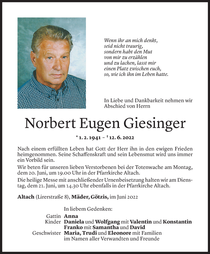  Todesanzeige für Norbert Giesinger vom 18.06.2022 aus Vorarlberger Nachrichten