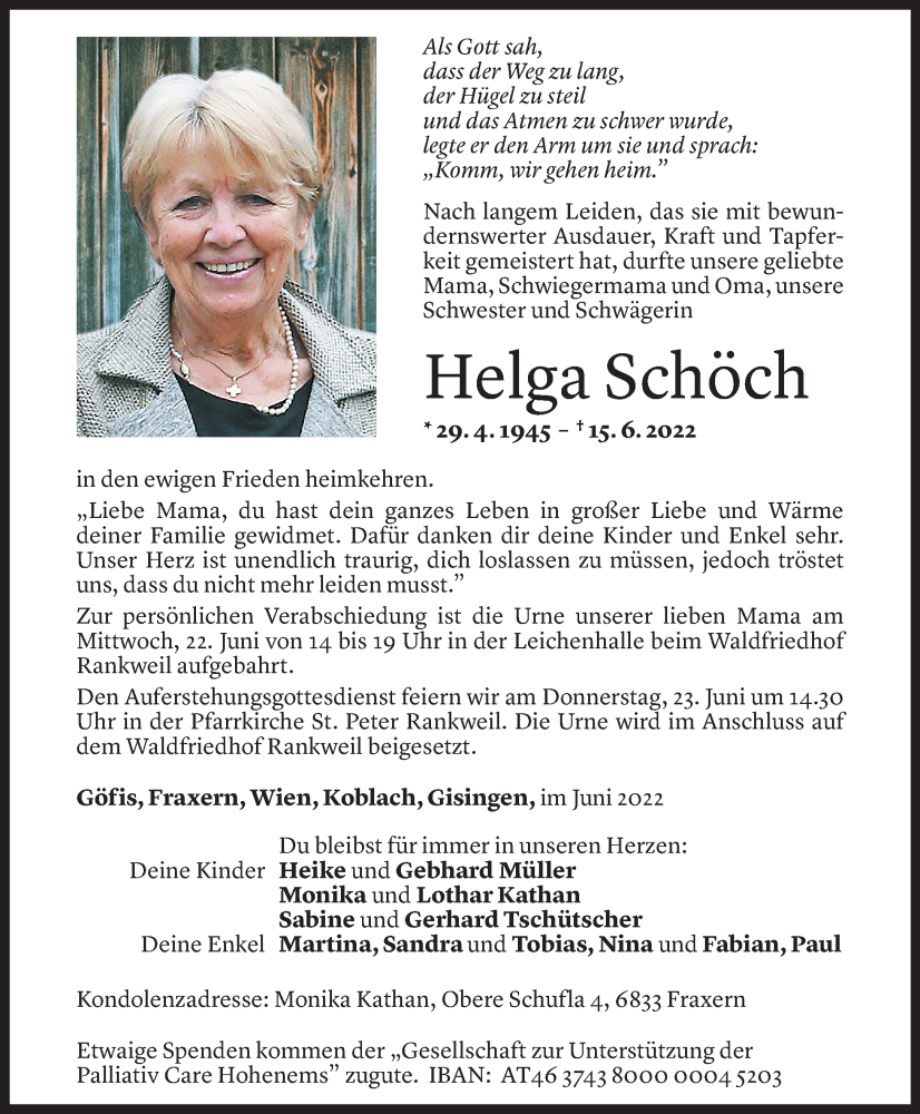  Todesanzeige für Helga Schöch vom 20.06.2022 aus Vorarlberger Nachrichten