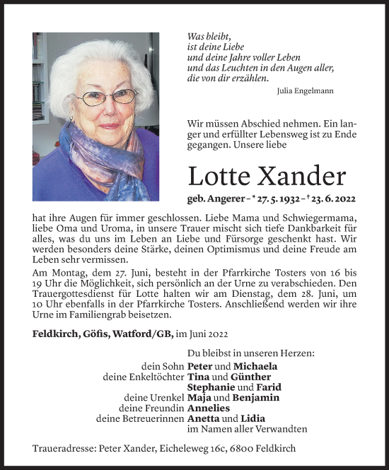 Todesanzeige von Lotte Xander von Vorarlberger Nachrichten