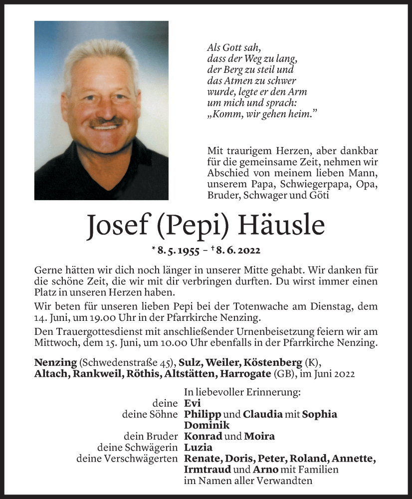  Todesanzeige für Josef Häusle vom 11.06.2022 aus Vorarlberger Nachrichten