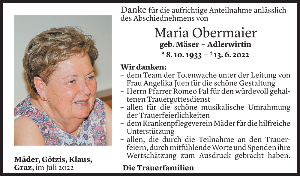  Todesanzeige für Maria Obermaier vom 02.07.2022 aus Vorarlberger Nachrichten