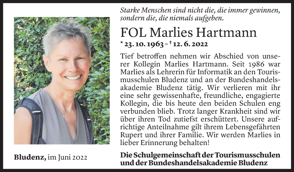  Todesanzeige für Marlies Hartmann vom 18.06.2022 aus Vorarlberger Nachrichten
