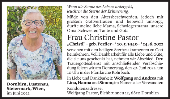 Todesanzeige von Christine Pastor von Vorarlberger Nachrichten