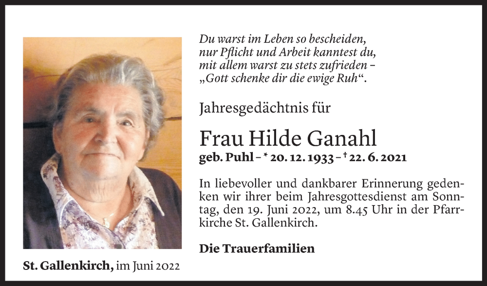  Todesanzeige für Hilde Ganahl vom 16.06.2022 aus Vorarlberger Nachrichten