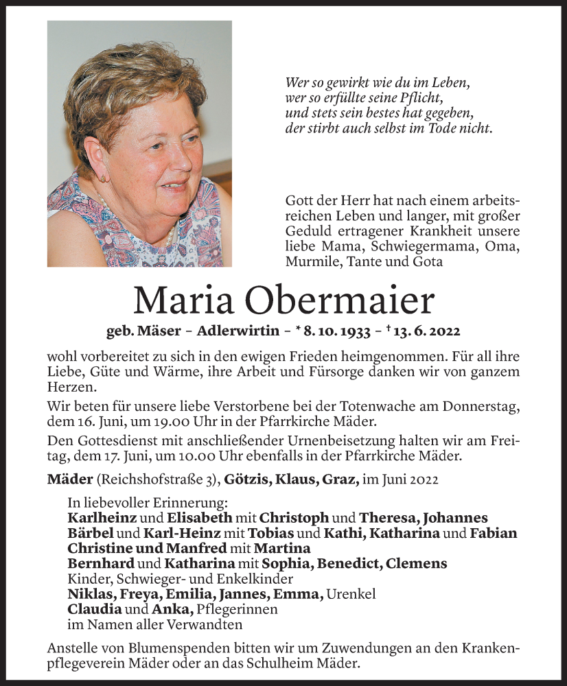  Todesanzeige für Maria Obermaier vom 14.06.2022 aus Vorarlberger Nachrichten