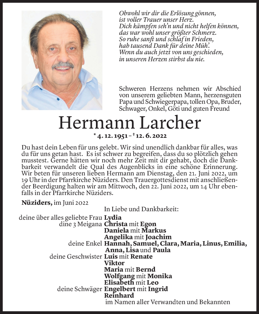  Todesanzeige für Hermann Larcher vom 18.06.2022 aus Vorarlberger Nachrichten