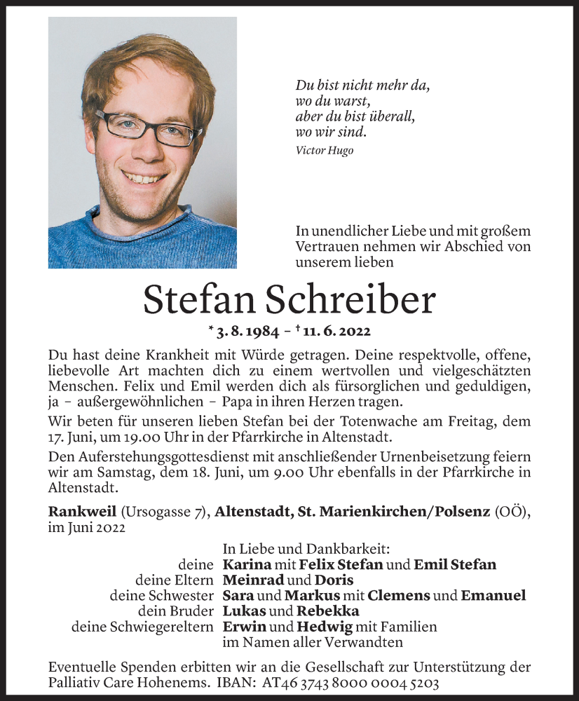  Todesanzeige für Stefan Schreiber vom 15.06.2022 aus Vorarlberger Nachrichten