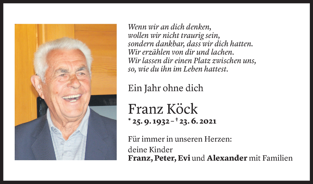  Todesanzeige für Franz Köck vom 23.06.2022 aus Vorarlberger Nachrichten