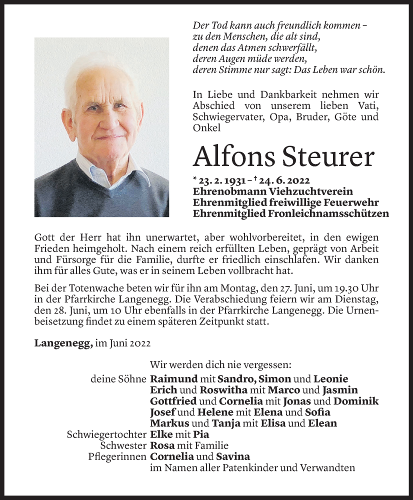  Todesanzeige für Alfons Steurer vom 26.06.2022 aus Vorarlberger Nachrichten