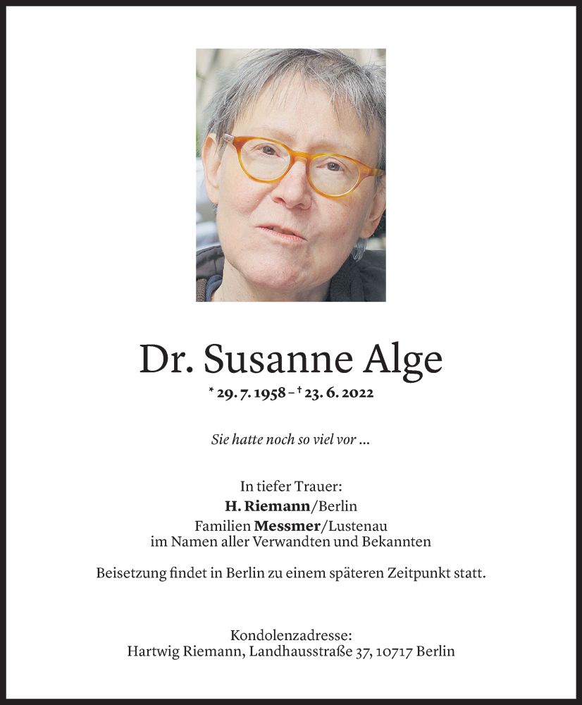  Todesanzeige für Susanne Alge vom 02.07.2022 aus Vorarlberger Nachrichten