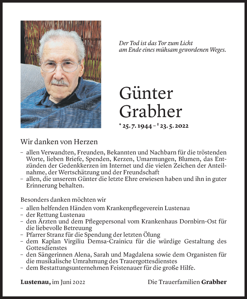  Todesanzeige für Günter Grabher vom 24.06.2022 aus Vorarlberger Nachrichten