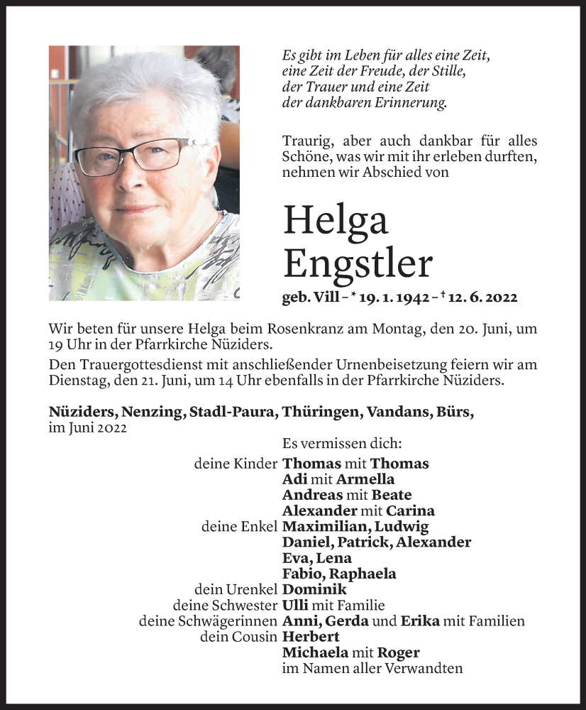 Todesanzeigen von Helga Engstler | Todesanzeigen Vorarlberger Nachrichten