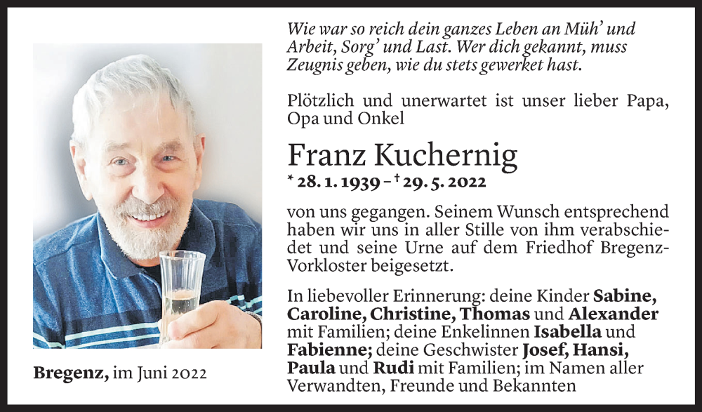  Todesanzeige für Franz Kuchernig vom 11.06.2022 aus Vorarlberger Nachrichten