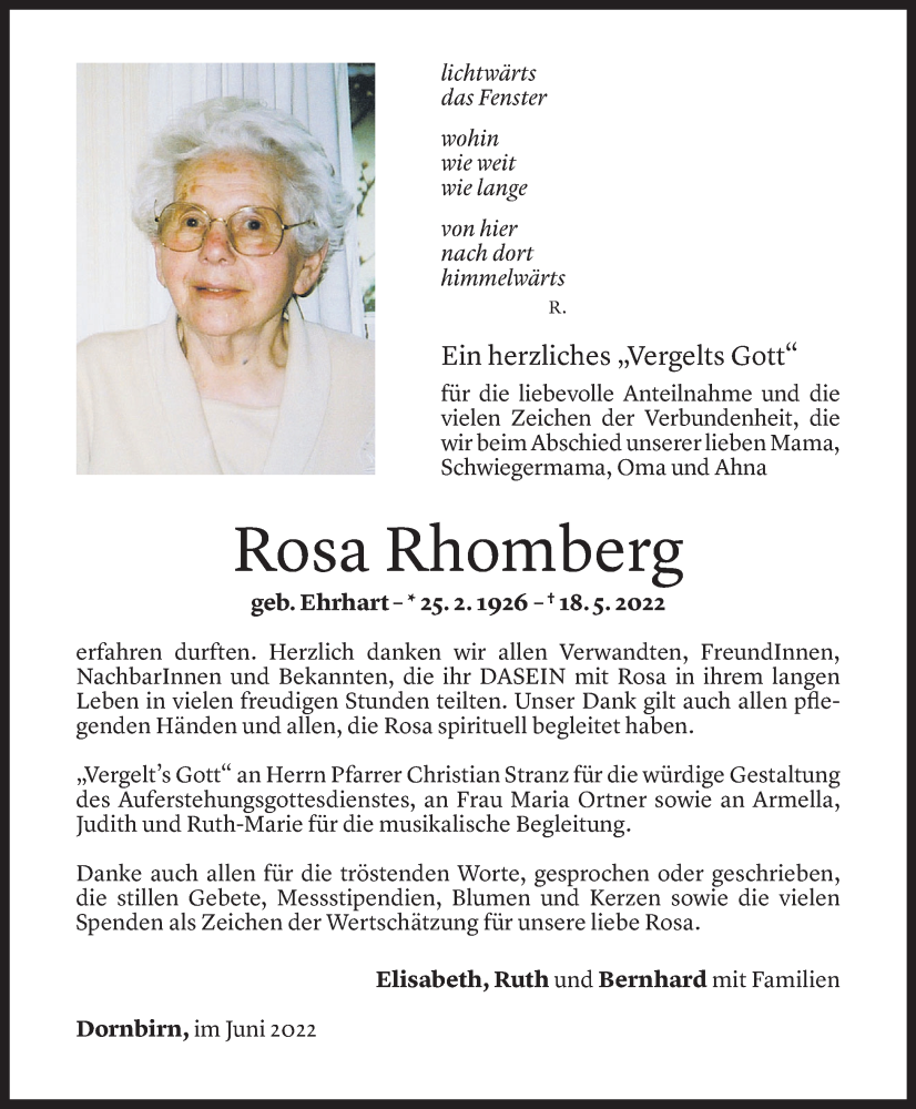  Todesanzeige für Rosa Rhomberg vom 16.06.2022 aus Vorarlberger Nachrichten