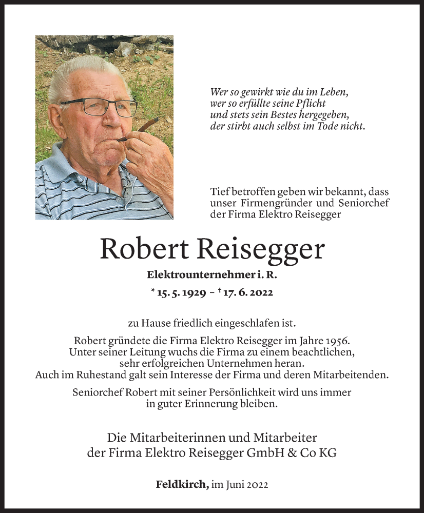 Todesanzeige für Robert Reisegger vom 22.06.2022 aus Vorarlberger Nachrichten