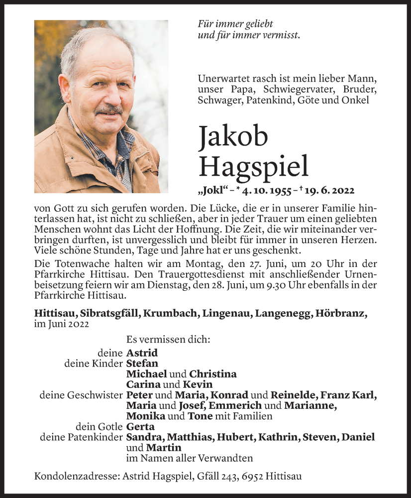  Todesanzeige für Jakob Hagspiel vom 23.06.2022 aus Vorarlberger Nachrichten