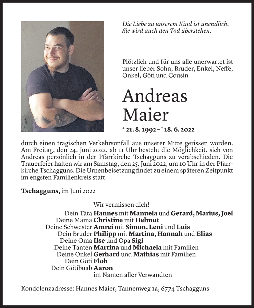  Todesanzeige für Andreas Maier vom 23.06.2022 aus Vorarlberger Nachrichten