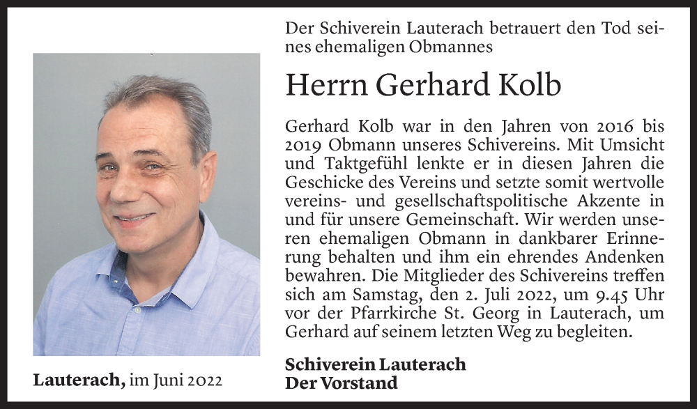  Todesanzeige für Gerhard Kolb vom 29.06.2022 aus Vorarlberger Nachrichten