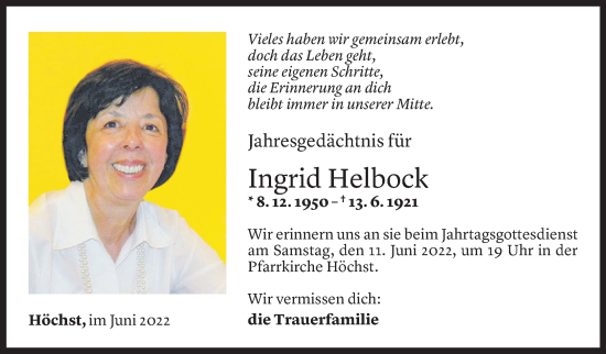 Todesanzeige von Ingrid Helbock von Vorarlberger Nachrichten