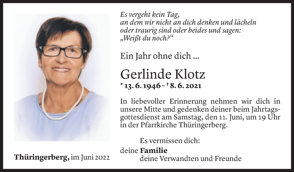 Todesanzeige für Gerlinde Klotz vom 08.06.2022 aus Vorarlberger Nachrichten